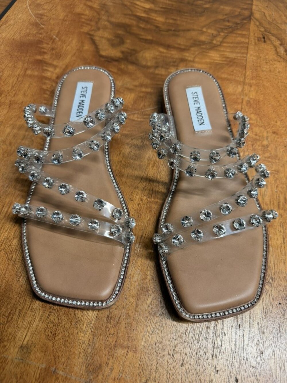 Steve Madden Women’s 7 Rhinestone Strappy Skyler Clear Sandals Cushioned Summer